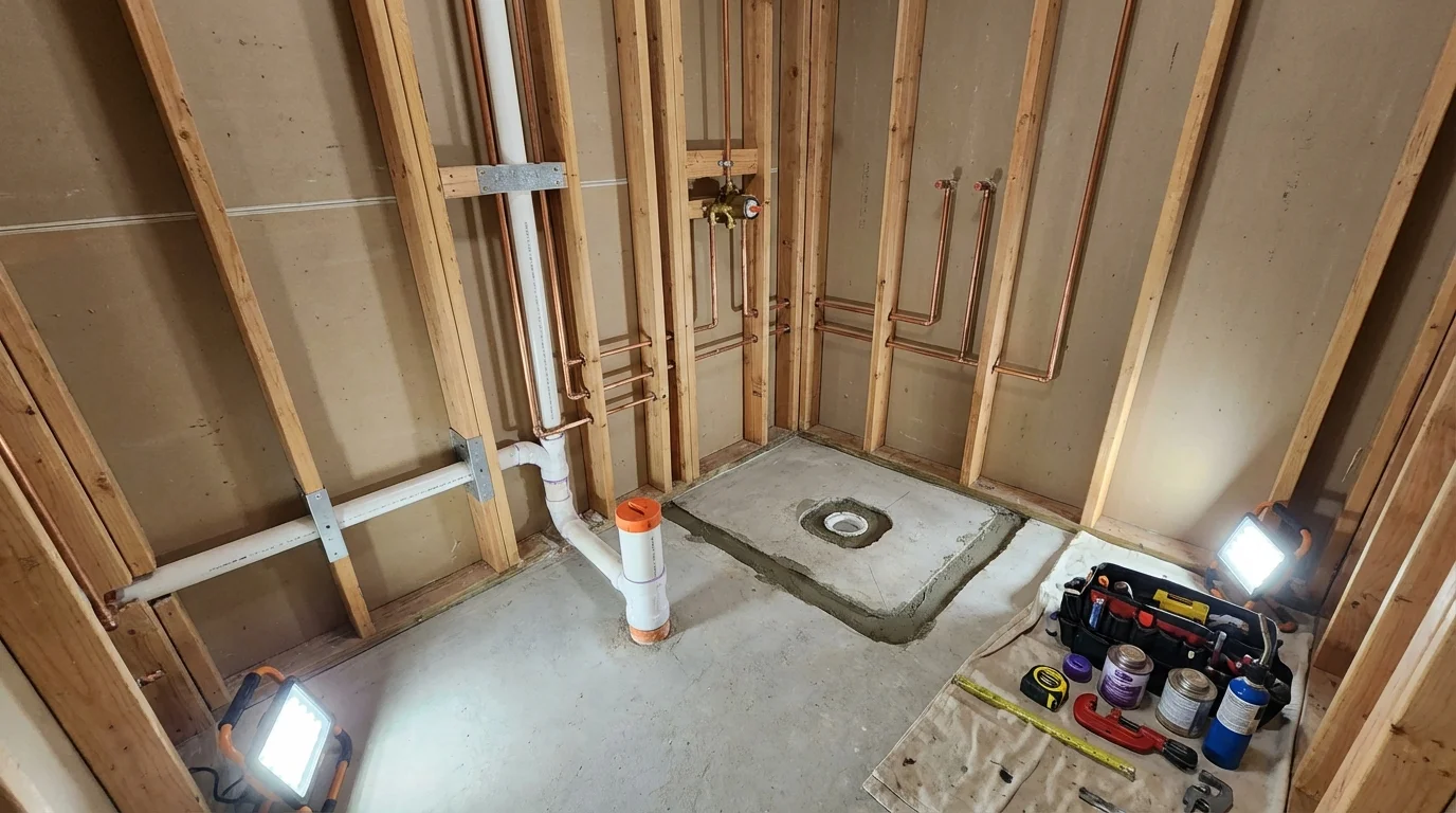Bathroom rough-in plumbing during remodel by Johns Plumbing LLC in Sartell