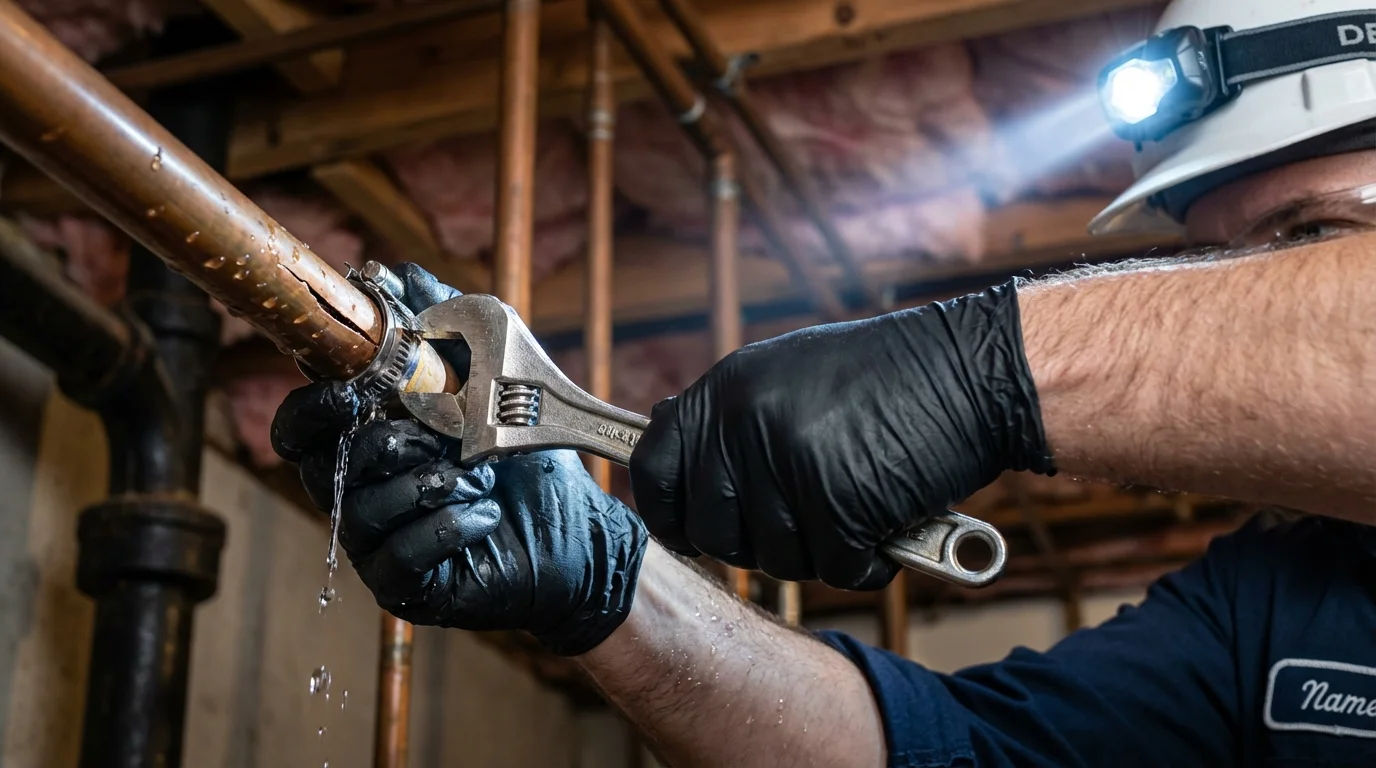Emergency pipe clamp repair being performed by a Johns Plumbing LLC plumber in Sartell