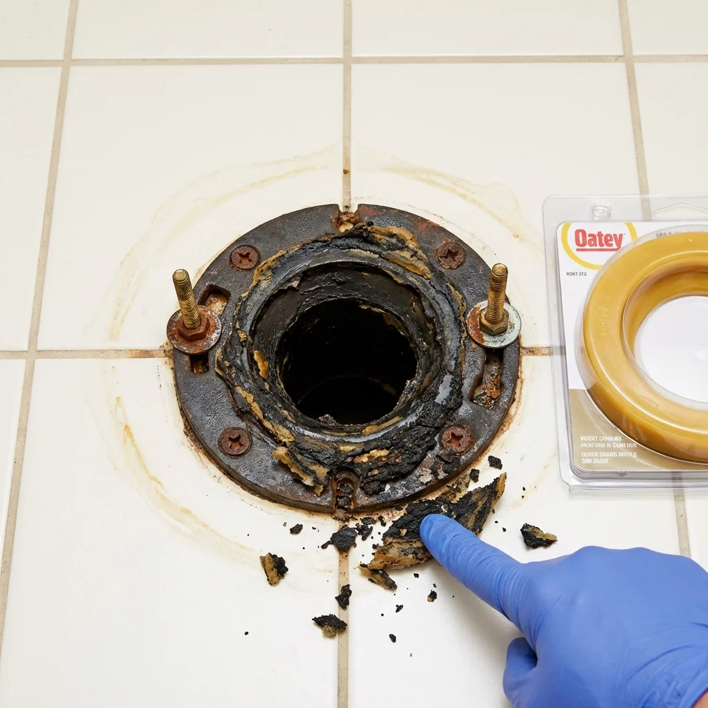 Failed wax ring showing water seepage at the base of a toilet in a Sartell, MN home
