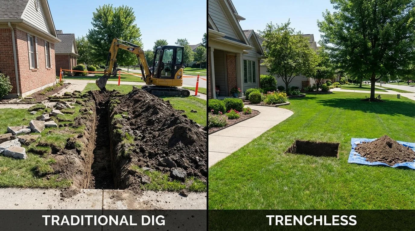 Trenchless sewer repair with minimal yard damage versus traditional excavation in Sartell, MN